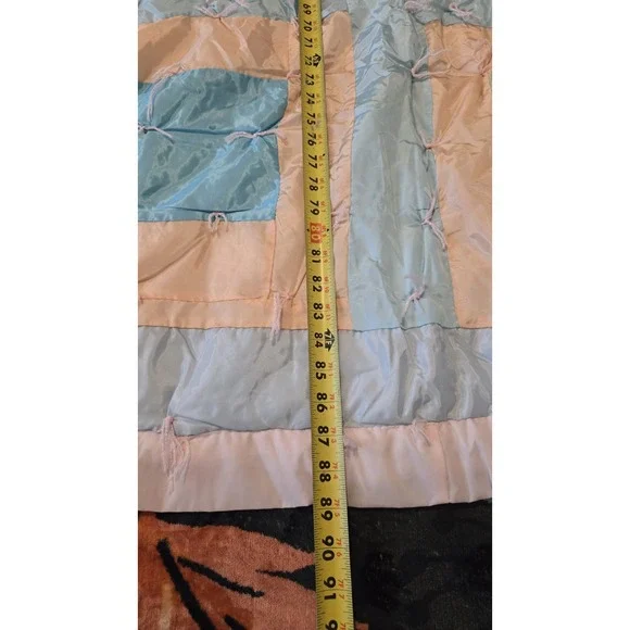 Vintage Handmade Quilt 72x89 Retro Nylon Silky Material Pastel Patchwork Blanket - Picture 8 of 8